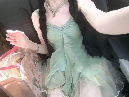 Summer beautiful suit green suspender top a-line skirt two-piece suit 2025 R0851