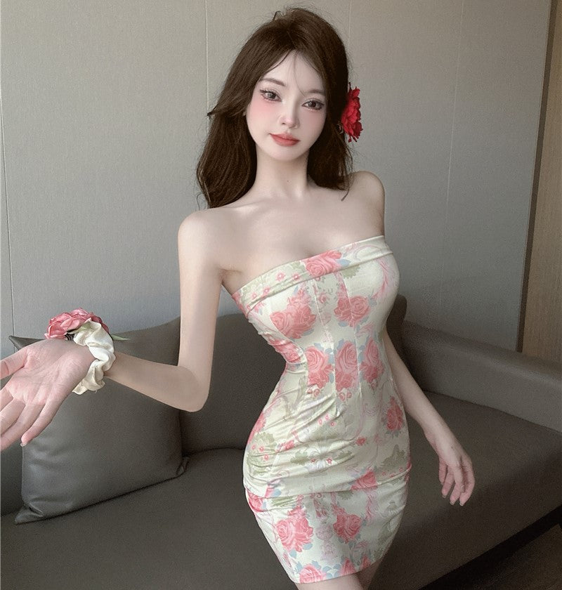 One-shoulder floral tube top dress French style backless tight-fitting slimming hip skirt R3790