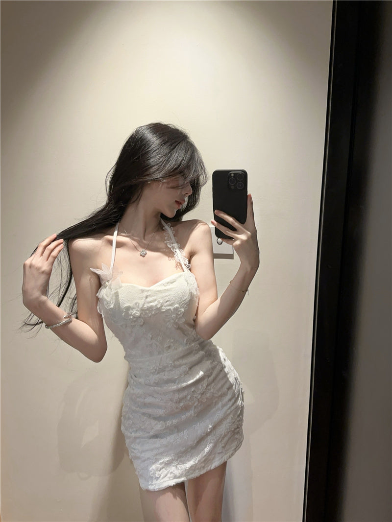 Pure lace halter neck three-dimensional flower sling dress beautiful summer hip skirt R3395