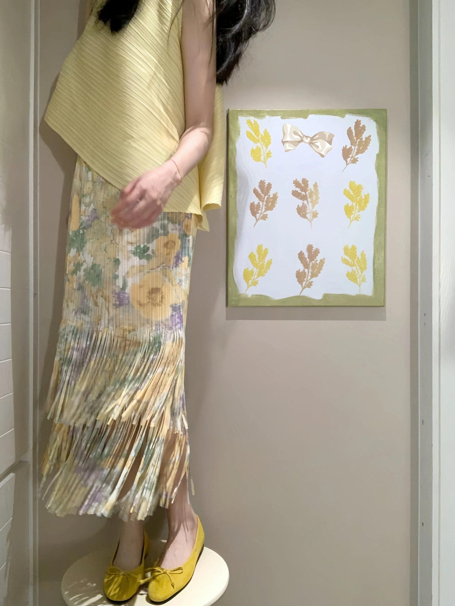 Pure suit, gentle temperament, beautiful yellow top, floral skirt, two-piece suit R0805