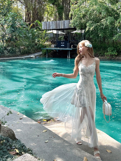 Mint green mesh dress fairy holiday lace summer suspender long dress new style R3873