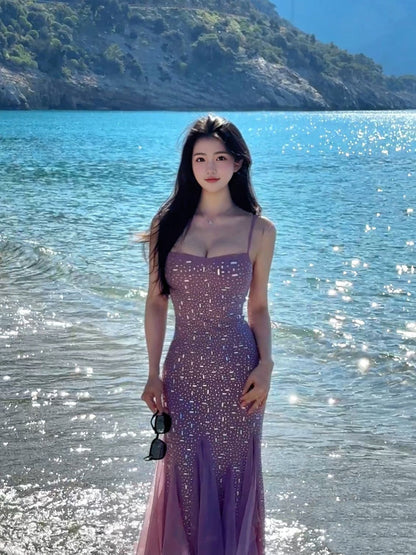 Purple hot diamond suspender dress niche figure waist temperament dress R0515