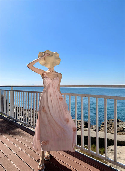 Pink flower suspender dress beautiful small skirt temperament long skirt R0521