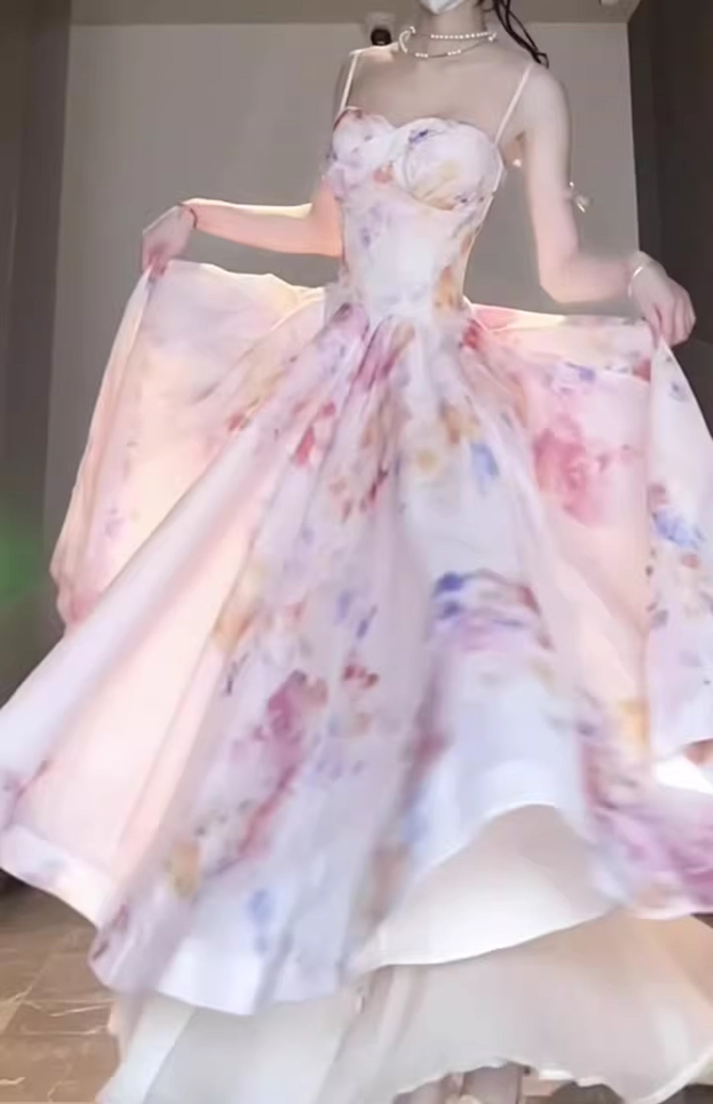 Gentle temperament pink floral suspender dress beautiful waist dress R0685