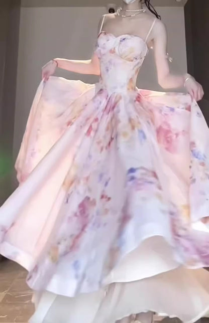 Gentle temperament pink floral suspender dress beautiful waist dress R0685