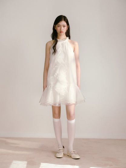 Moonlight White Layered Organza Tie-Up Bow Pearl Neck Tutu Dress R5126
