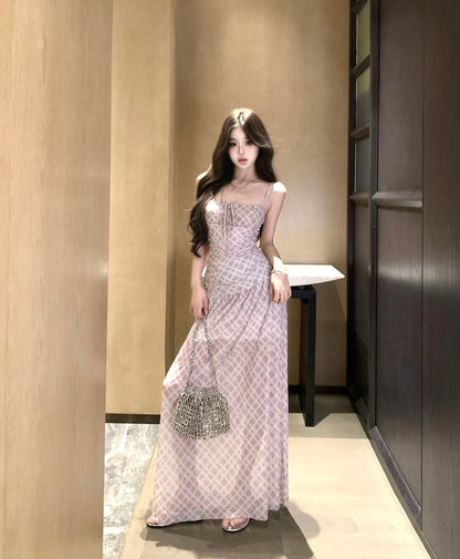 Purple suspender dress beautiful waist a-line beach dress R0587