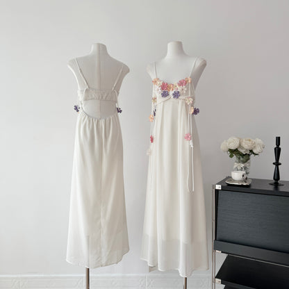 Cute A Line Spaghetti Straps Floral White Chiffon Summer Dress Holiday Party Outfits For Girls DP0130