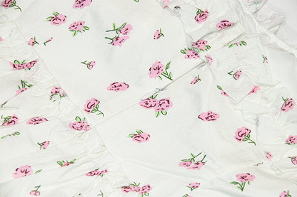 White floral suspender dress with slim waist and princess puffy skirt R0004