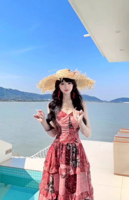 Retro floral suspender dress beautiful waist temperament long skirt R0610