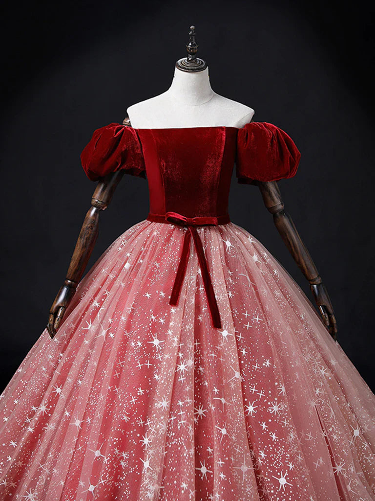 Burgundy/Pink Tulle Velvet Long Prom Dress, Burgundy Formal Dress MD7168