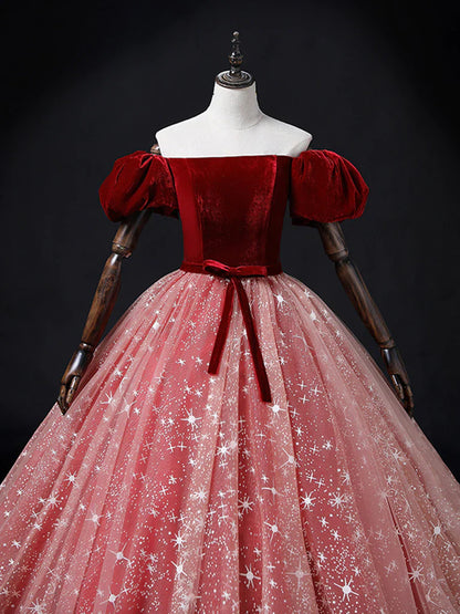 Burgundy/Pink Tulle Velvet Long Prom Dress, Burgundy Formal Dress MD7168