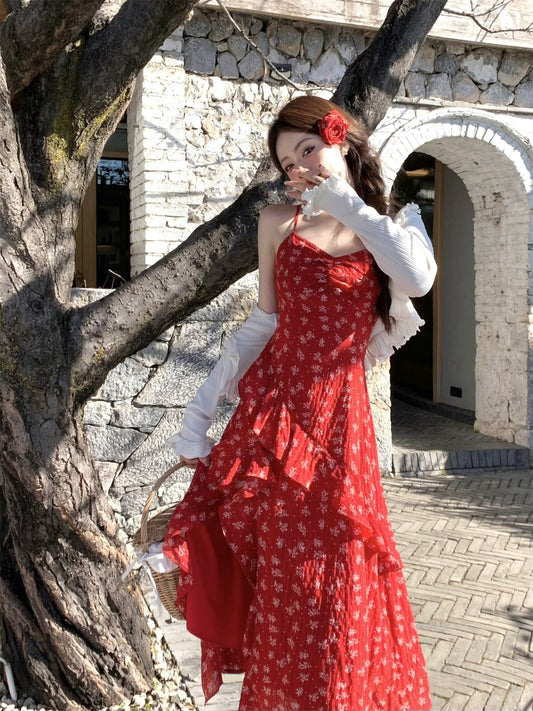 French style beautiful red suspender dress irregular slit long skirt R3865