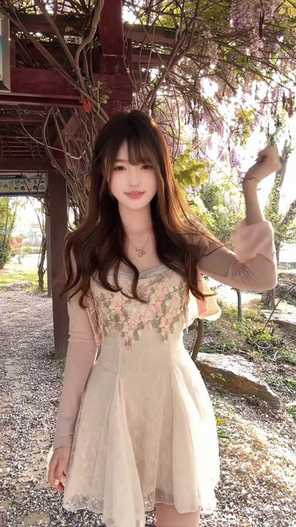Flower suspender dress gentle and sweet style temperament waist A-line short skirt R0812