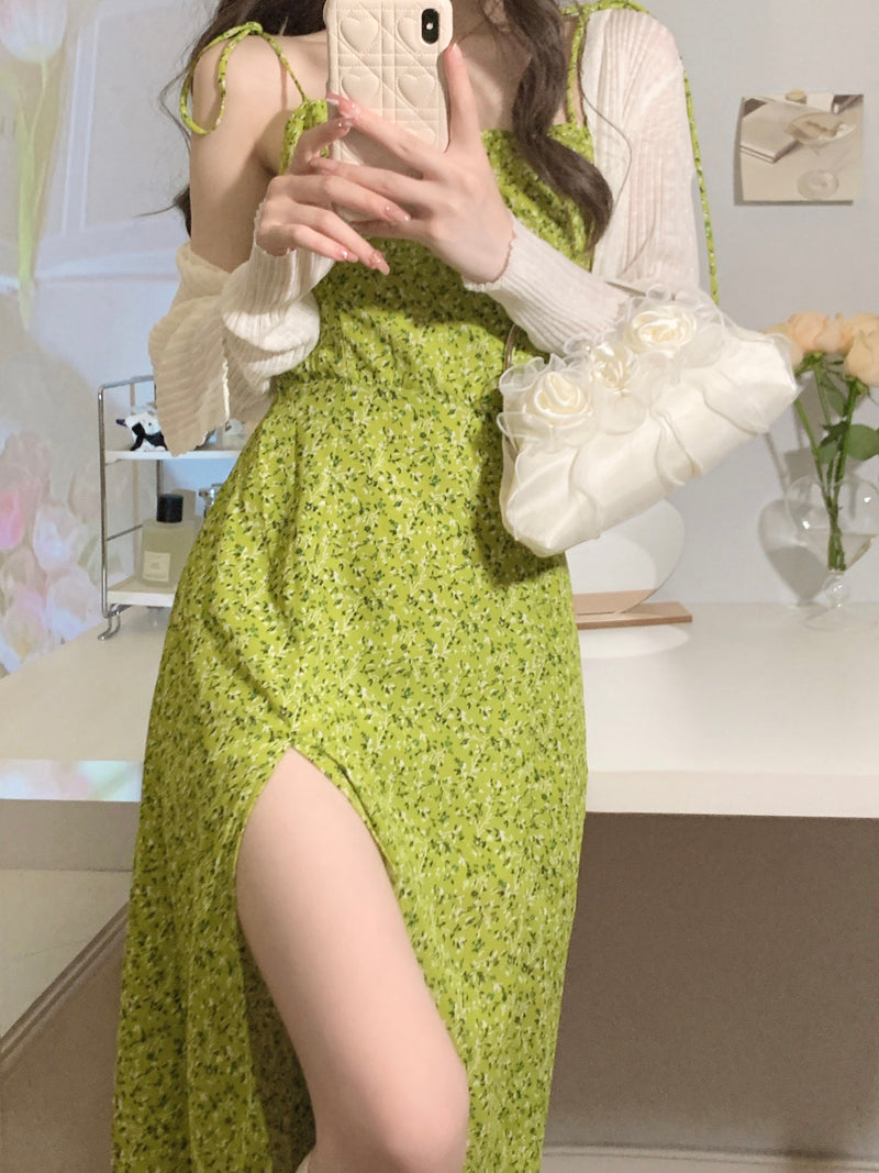 Green suspender skirt 2025 new seaside holiday design floral slit dress R0078