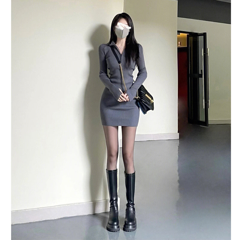 Sexy hot girl style lapel long-sleeved knitted dress 2025 new style inner base hip skirt short style R0146