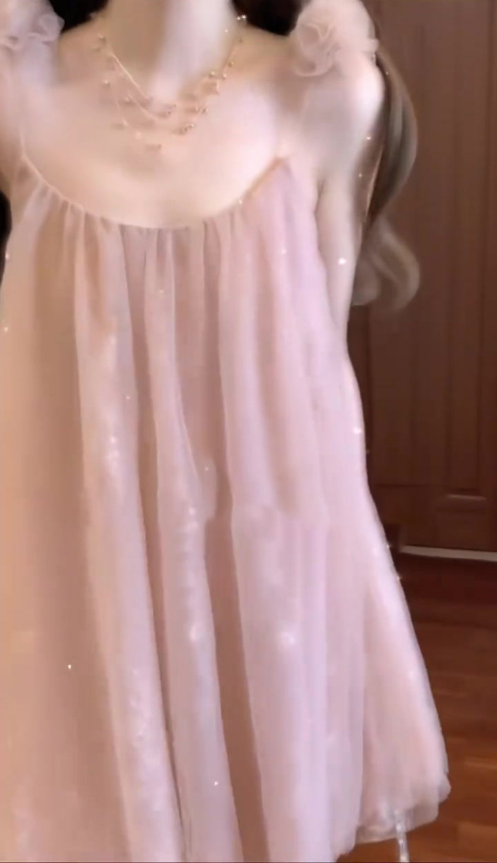 Gentle temperament pink mesh suspender dress high-grade loose A-line short skirt R0820