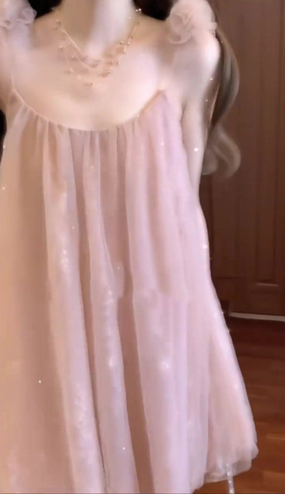 Gentle temperament pink mesh suspender dress high-grade loose A-line short skirt R0820