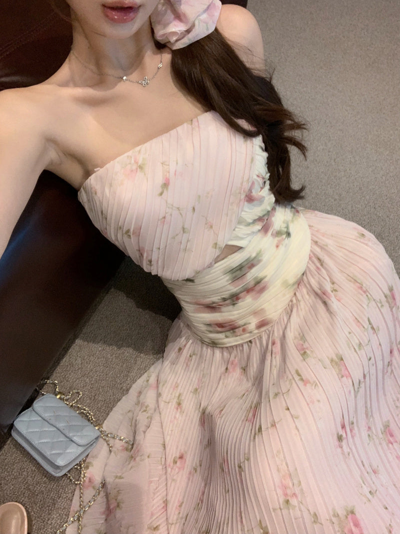 Gentle style pink floral hollow one-shoulder dress with waist A-line long skirt R0612