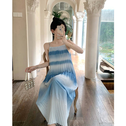 Gradient blue seaside holiday style suspender dress new Sanya tea break beach dress R0183