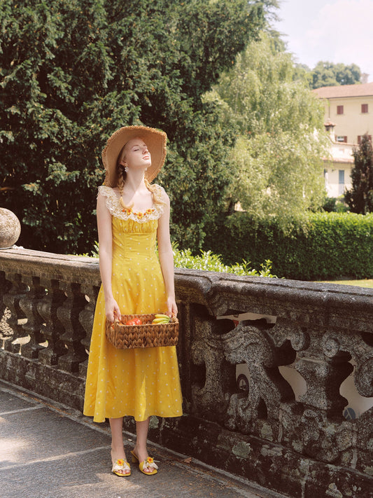 French pastoral style yellow suspender long dress lace girlish dress R5068