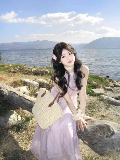 Gentle and sweet style pink sleeveless halter dress holiday style super beautiful loose skirt R0439