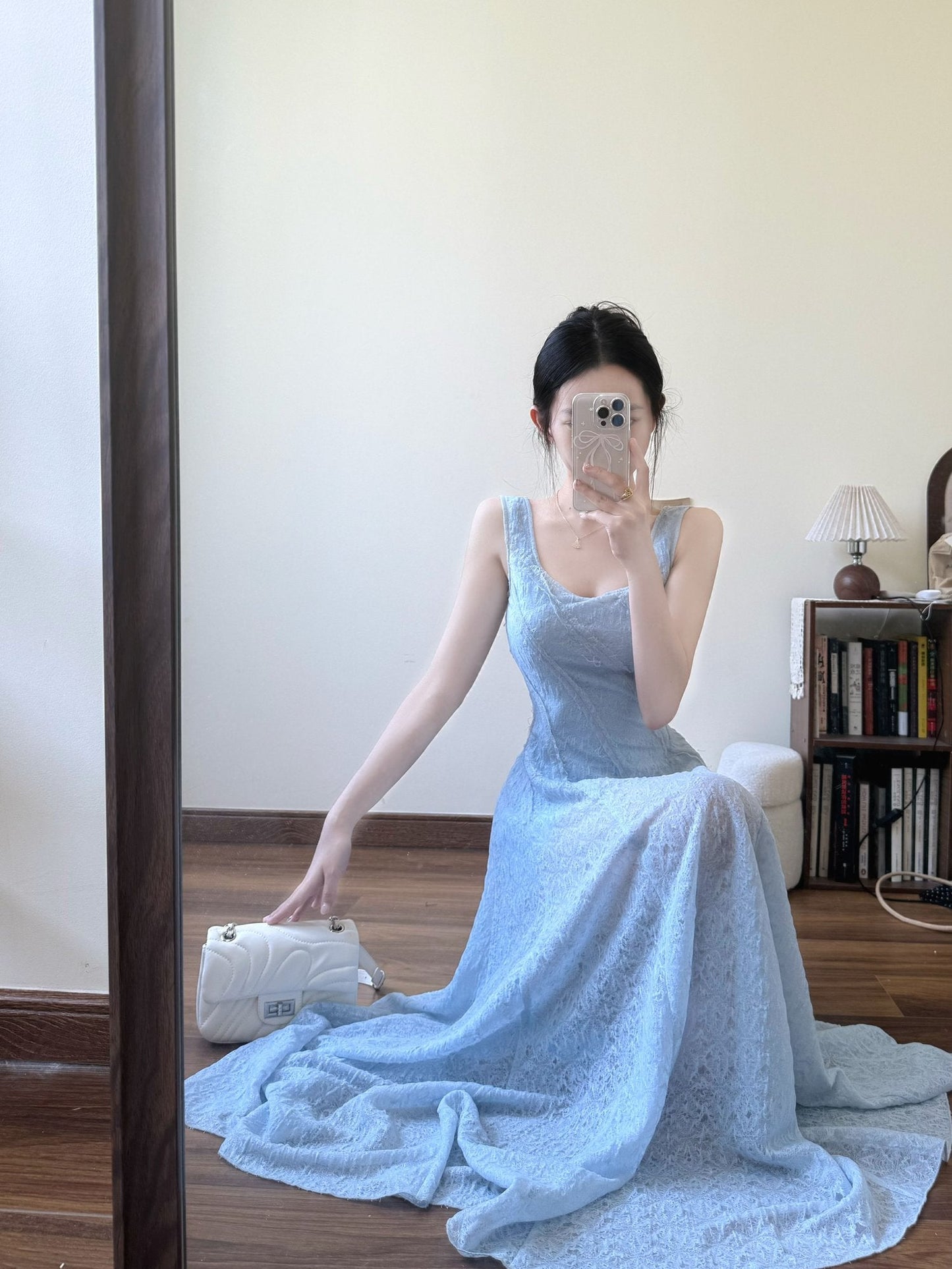 Blue hollow suspender dress temperament waist A-line long skirt R0568