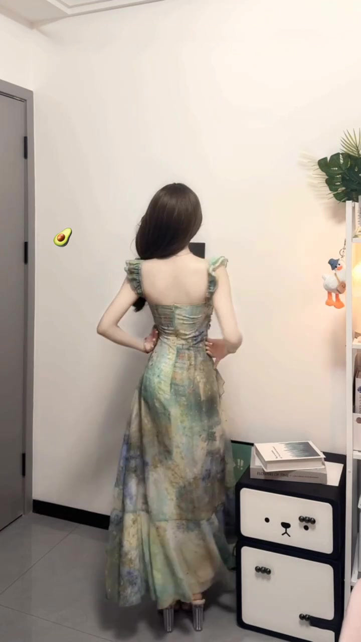 Blurred floral suspender dress temperament waist A-line beach dress R0659