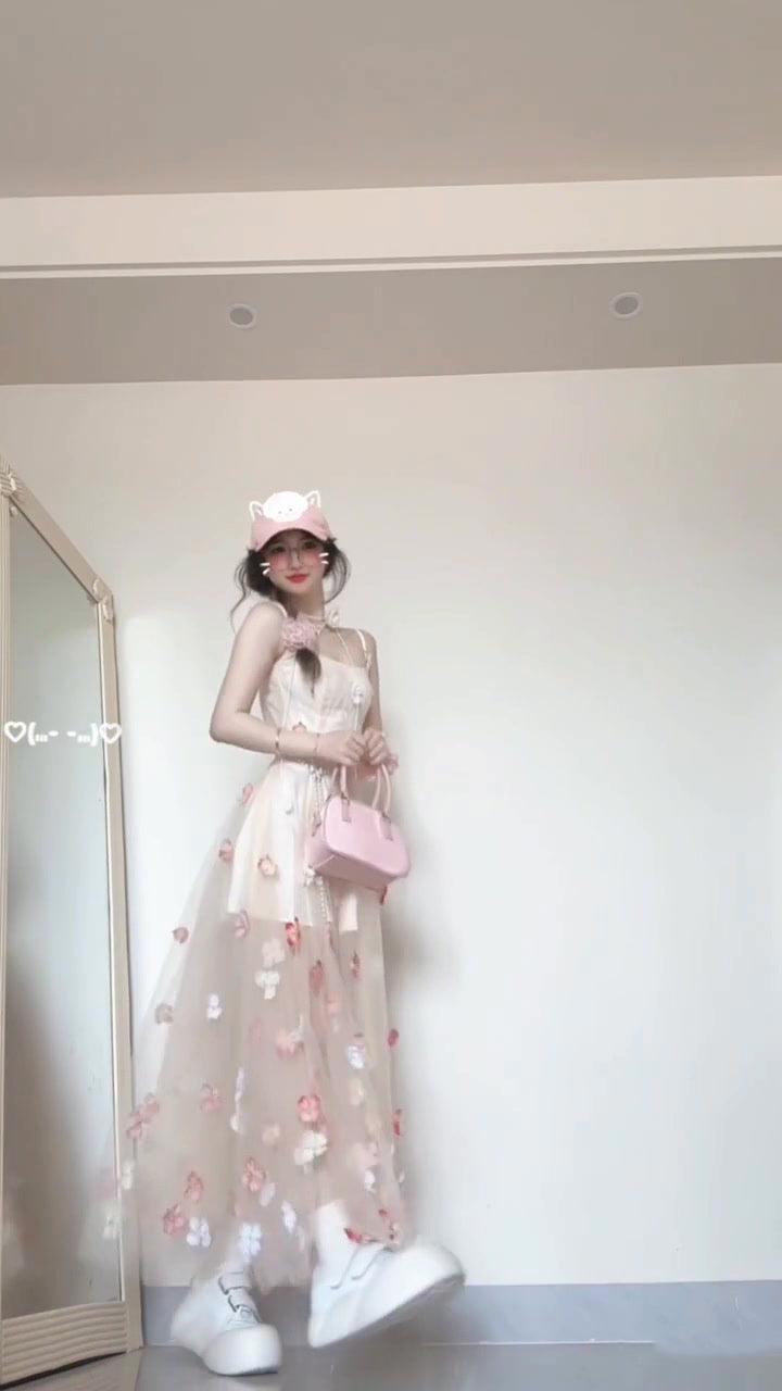Flower suspender dress gentle temperament beautiful waist A-line long skirt R0661