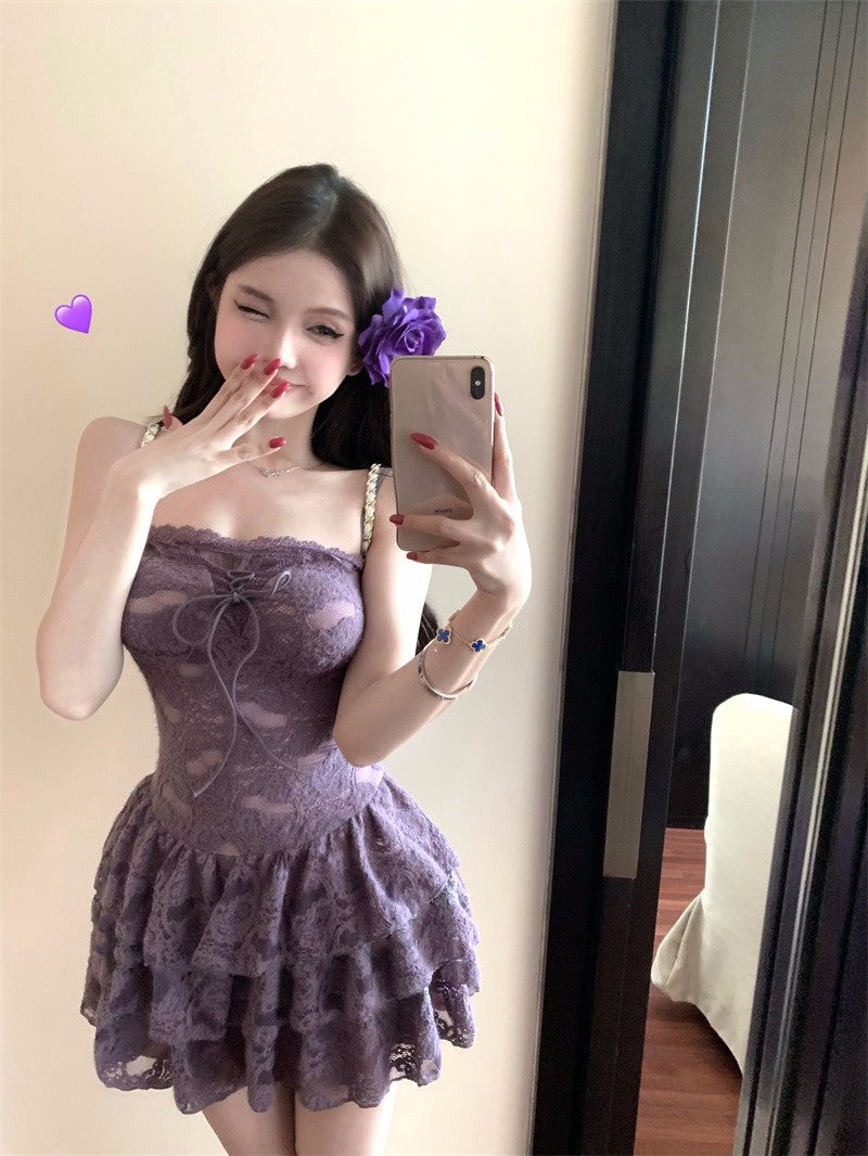 Sexy purple suspender dress with elegant waist and slimming A-line short skirt R0541