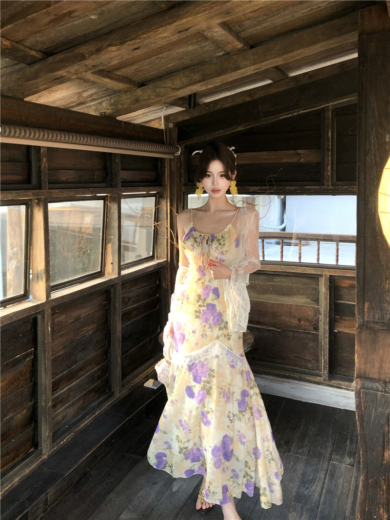 Beautiful floral fishtail suspender long dress slim hip dress R0628