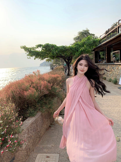 Pink sleeveless halter dress gentle style super beautiful dress R0727