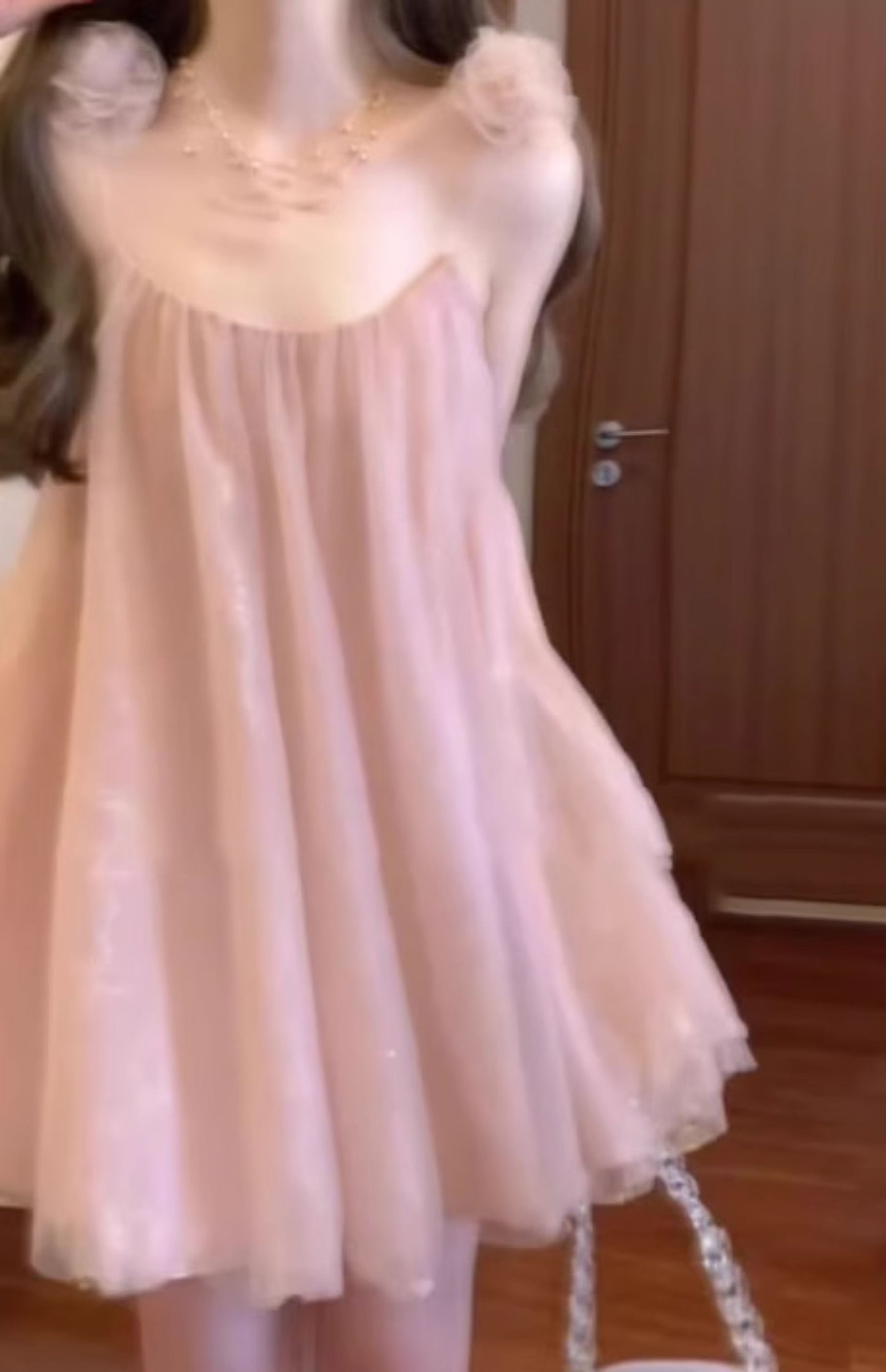 Gentle temperament pink mesh suspender dress high-grade loose A-line short skirt R0820