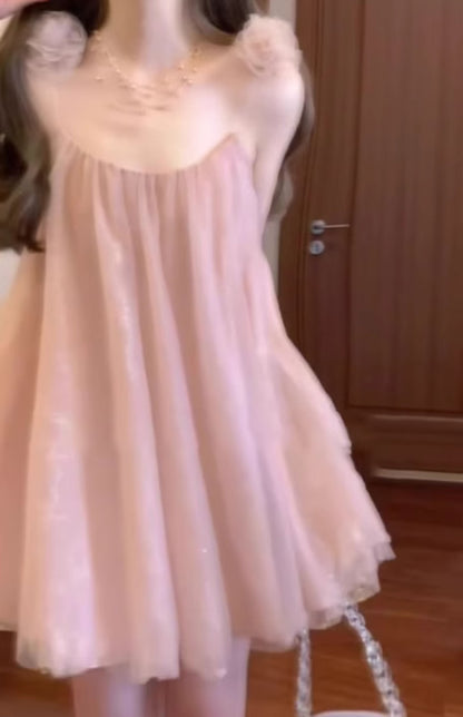 Gentle temperament pink mesh suspender dress high-grade loose A-line short skirt R0820