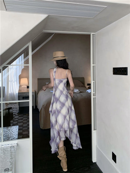 Gentle temperament purple plaid suspender dress beautiful waist A-line long skirt R0734