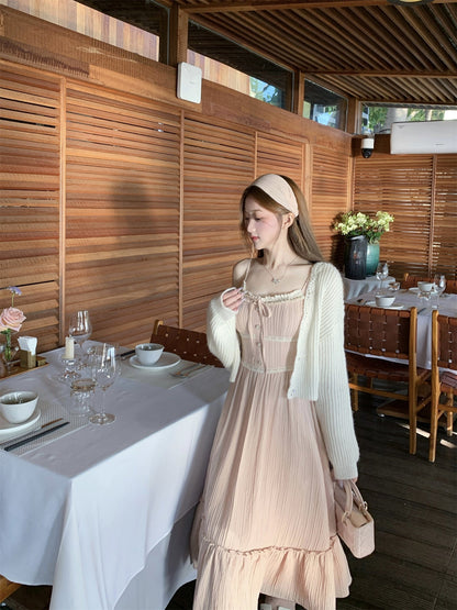 Gentle fairy nude pink lace sling long skirt dress R3872