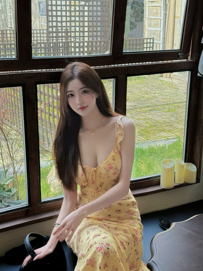 Yellow floral suspender dress with gentle temperament and slim waist R0604