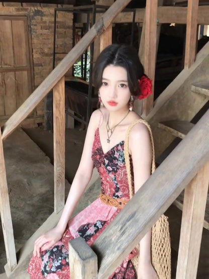Women's Retro Floral Sling Dress Beautiful Waist A-Line Long Dress R0605