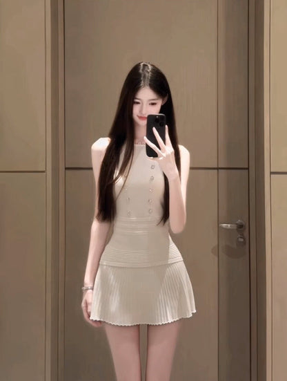 Suit outfit gentle temperament white vest pleated skirt two-piece suit R0662