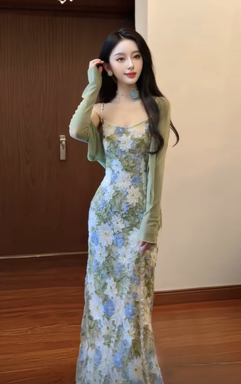 Gentle green floral suspender dress with beautiful temperament waist long skirt R0654