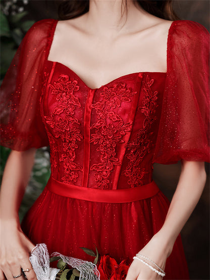 Wine Red Tea Length Tulle with Lace Party Dress, Wine Red Short Prom Dress