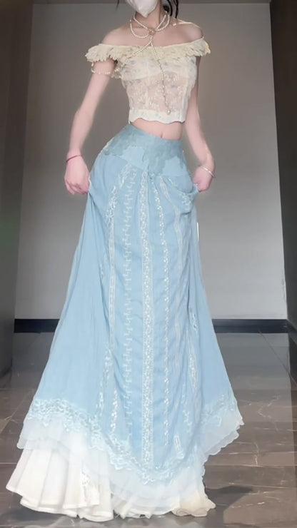 Gentle temperament white one-shoulder top a-line skirt two-piece set R0808