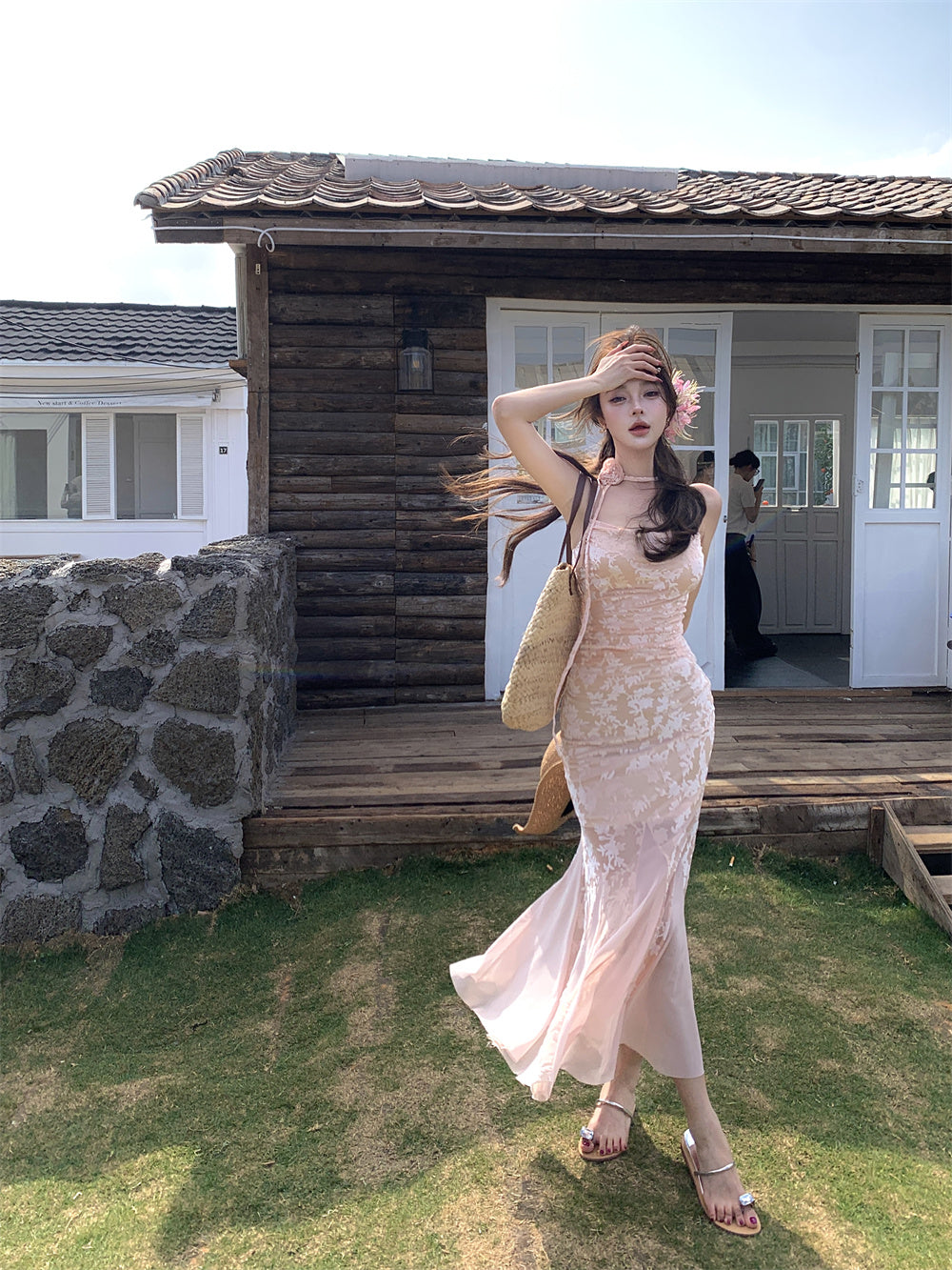 Pink floral suspender dress, beautiful waist, slim fit, hip fishtail skirt R0631