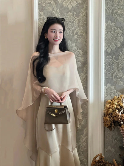 A Thousand-dollar sling dress with satin fishtail skirt and a shawl on the outside, two-piece dress R0507