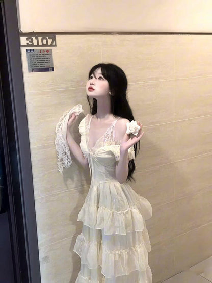 Summer beautiful little skirt gentle temperament lace v-neck suspender dress R0850