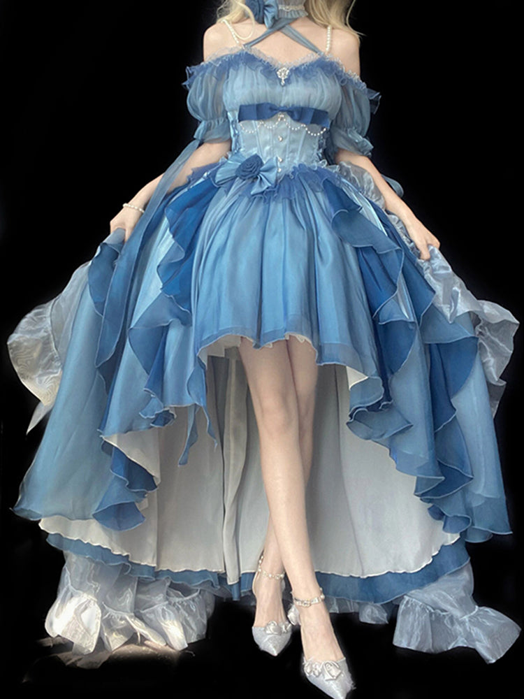 Beautiful High Low Off The Shoulder Short Sleeves Blue Rose Floral 16th Chiffon Birthday Dress Lolita Dress 18th Birthday Outfits W1223