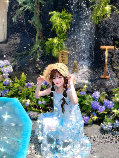 Gentle and sweet style blue flower short-sleeved dress holiday style A-line long skirt R0721
