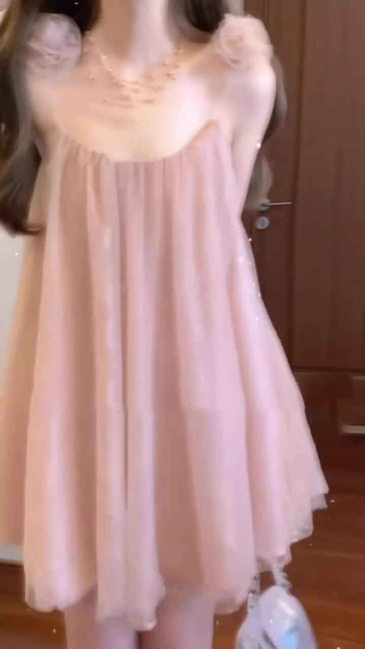 Gentle temperament pink mesh suspender dress high-grade loose A-line short skirt R0820