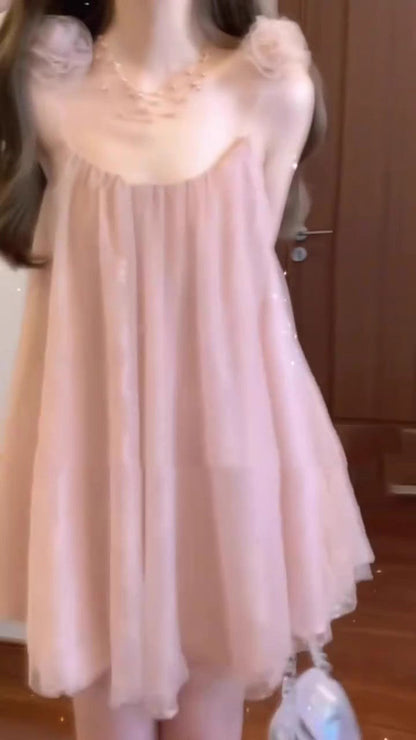 Gentle temperament pink mesh suspender dress high-grade loose A-line short skirt R0820