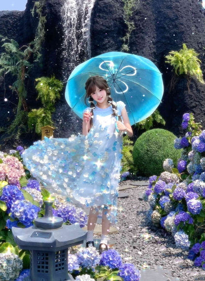 Gentle and sweet style blue flower short-sleeved dress holiday style A-line long skirt R0721